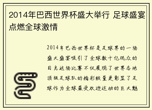 2014年巴西世界杯盛大举行 足球盛宴点燃全球激情